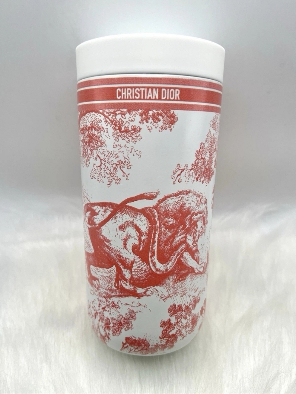 NIB Dior White and Coral Elephant Print Travel Tumbler